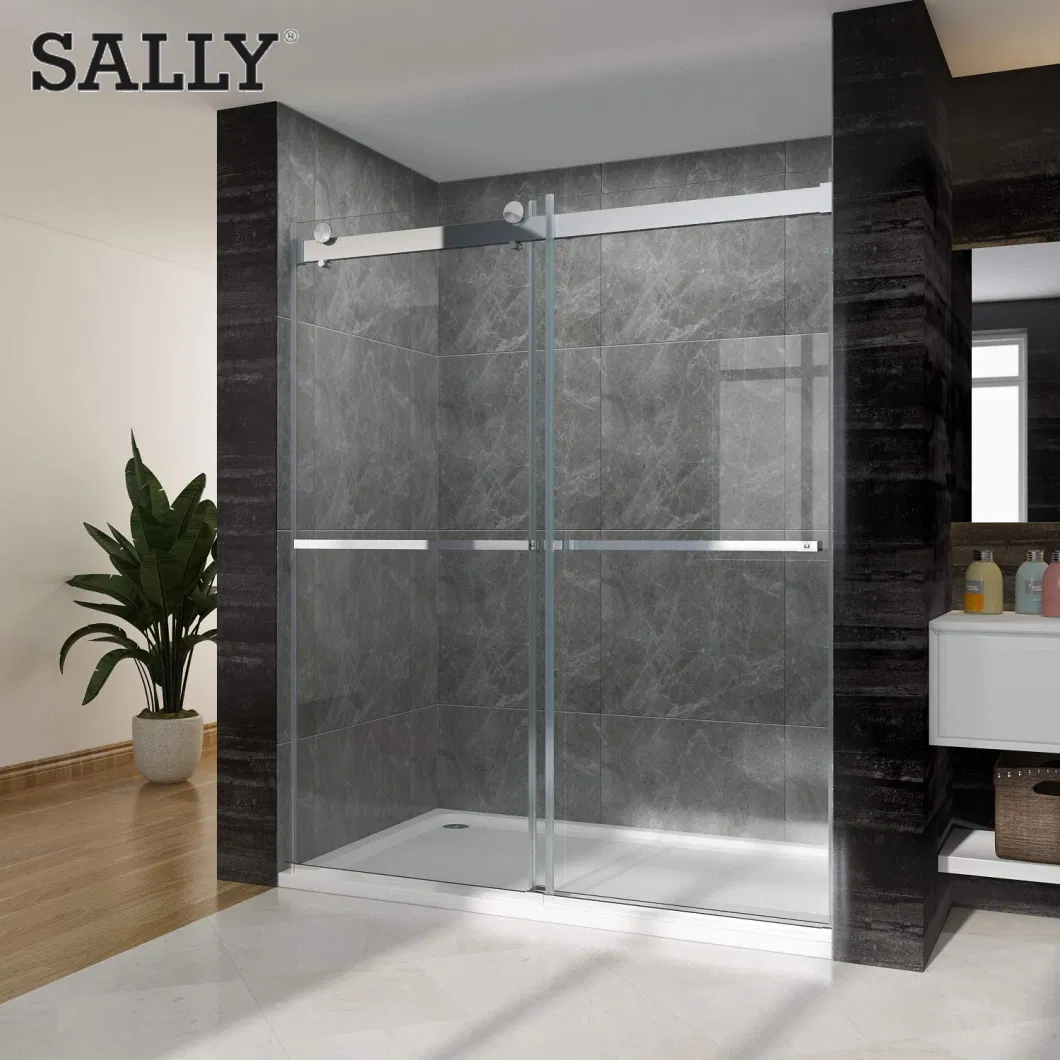 Bypass Shower Door Frameless Brush Nickle 8mm Tempered Glass Double Sliding Door